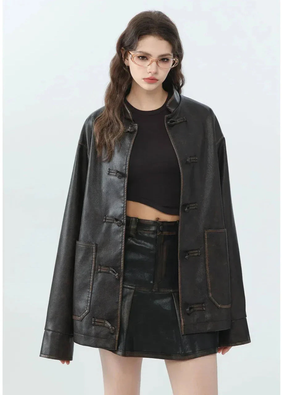 Lässige Lederjacke mit Stehkragen Modern Style