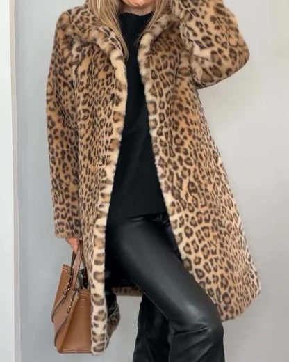 Leopardenjacke Damen Lang Weich Schwarz