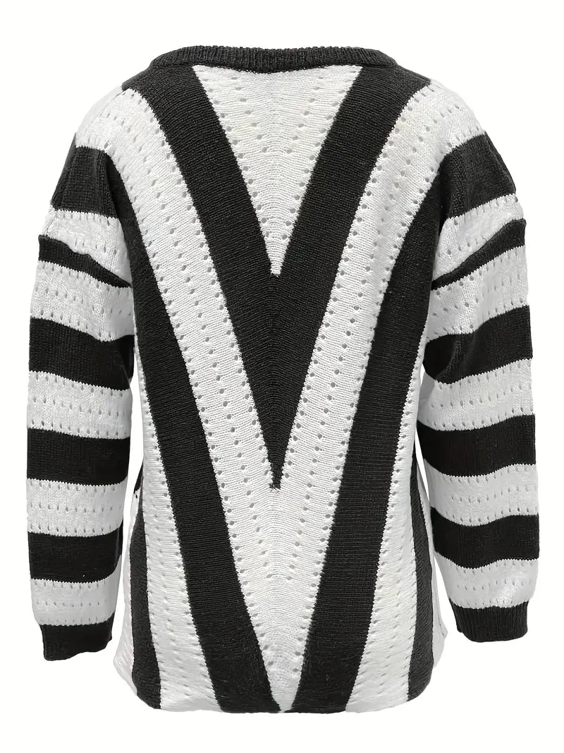 Stylisher Streifenpullover V-Ausschnitt Damen