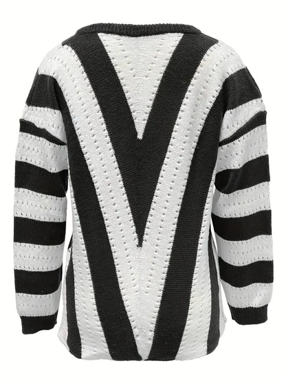 Stylisher Streifenpullover V-Ausschnitt Damen