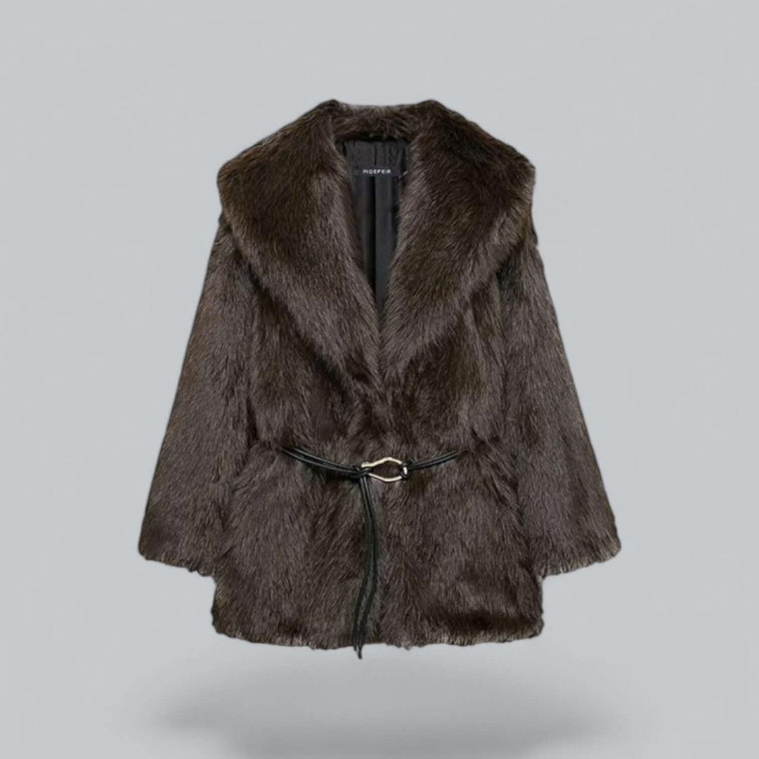 Elegante Damenkleidung | Kunstfell Gürtel Lang Mantel