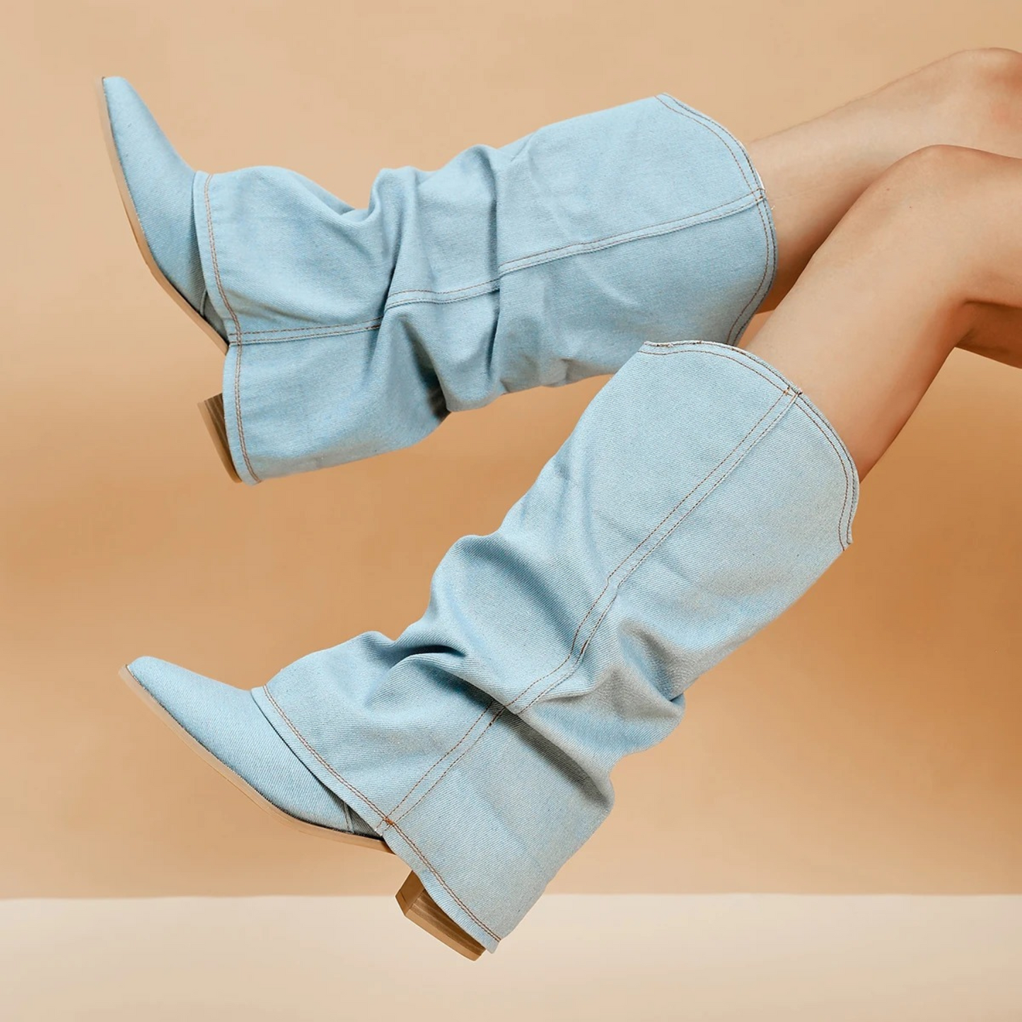 Stylische Damenstiefel Blockabsatz Denim