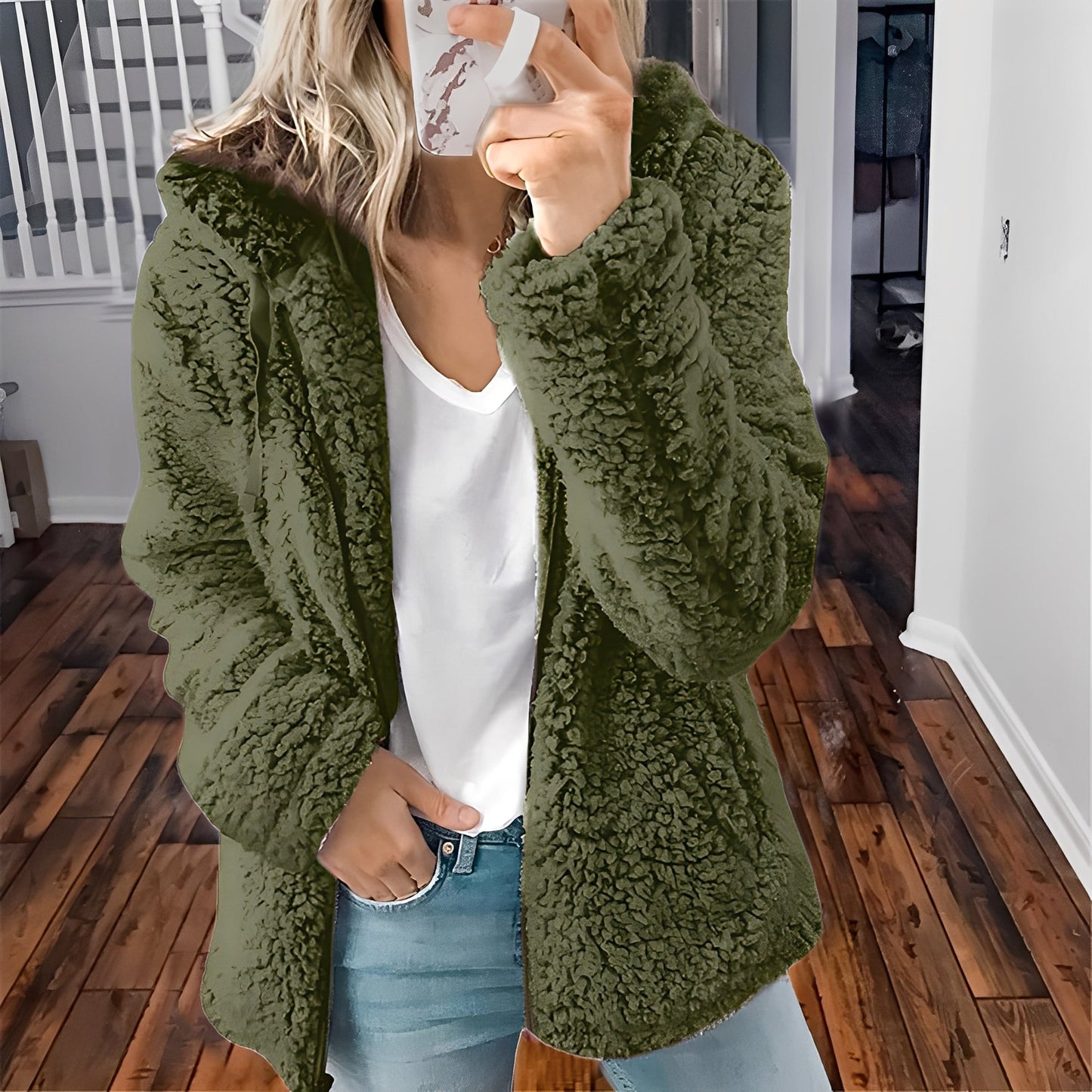 Damen Wolljacke Kapuze Warm