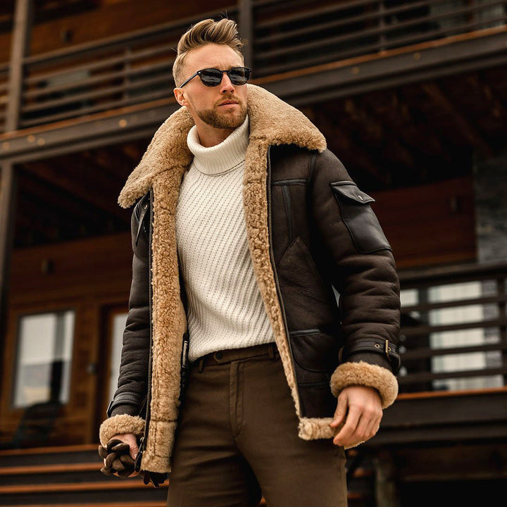 Herren Lederjacke Fellkragen Militärstil