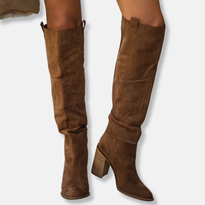 Stilvolle Stiefel Damen - Wildlederoptik - Chunky Absatz - Spitzes Zehenende