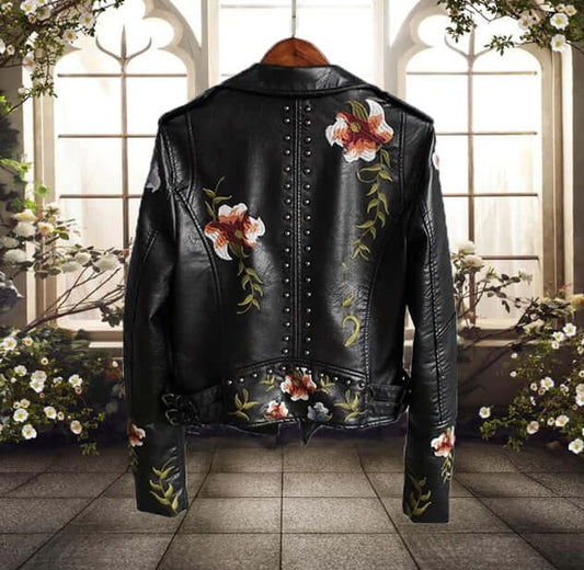 Damen Bikerjacke Blumenprint Stil - IdealeKleiden