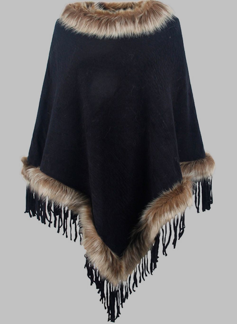 Eleganter Damen Poncho Lang Mantel mit Kunstpelz