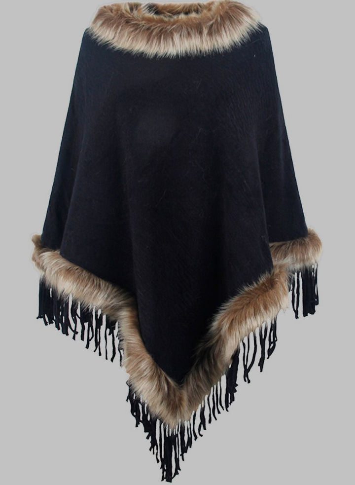 Eleganter Damen Poncho Lang Mantel mit Kunstpelz
