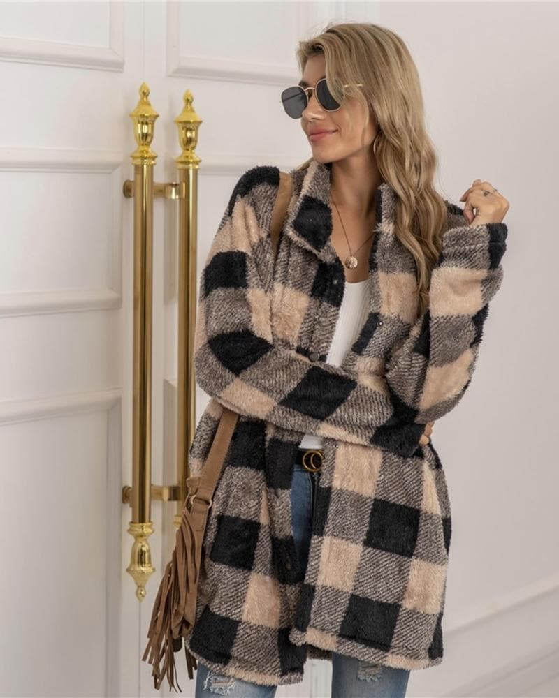 Karierte Damenmantel Weich Warm Oversized