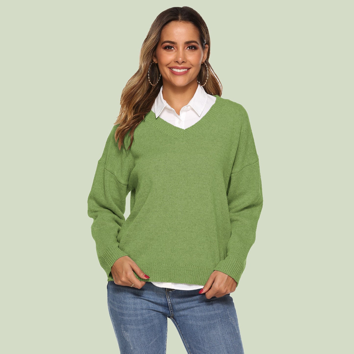 Strickpullover Damen V-Ausschnitt Bequem Langärmlig
