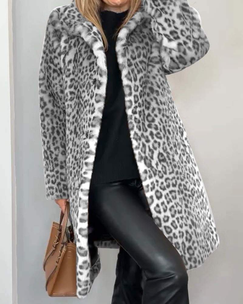 Leopardenjacke Damen Lang Weich Schwarz