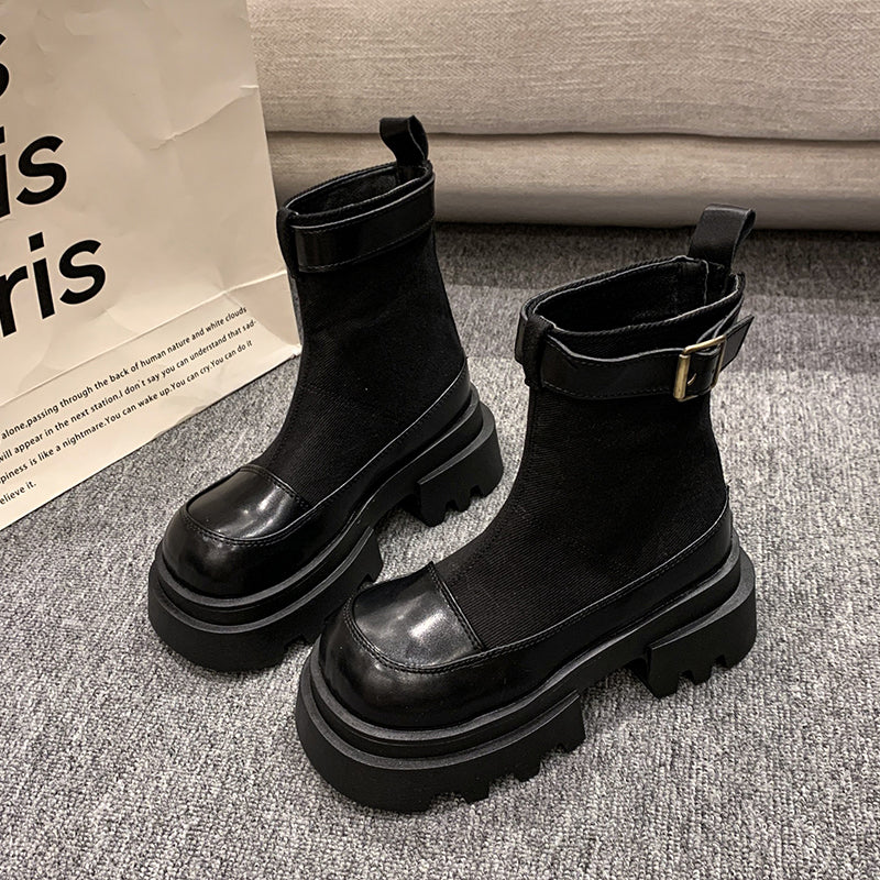 Stylische Stiefel Canvas Kurz Dicksohlige Schnellverschluss