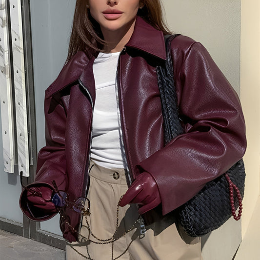 Modische Lederjacke Damen Zipper Verschluss - IdealeKleiden