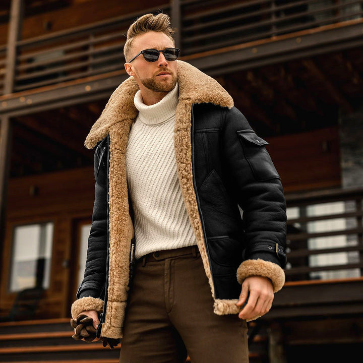 Herren Lederjacke Fellkragen Militärstil
