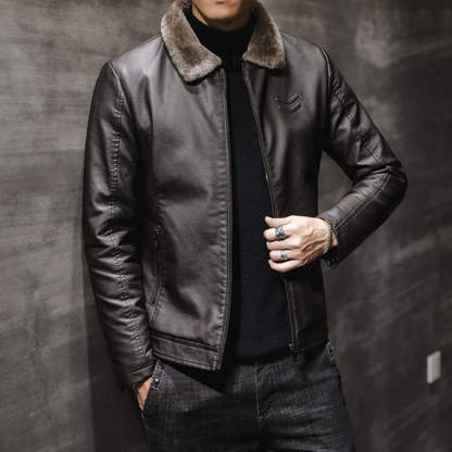 Männer Lederjacke Fleece Kragen Stil
