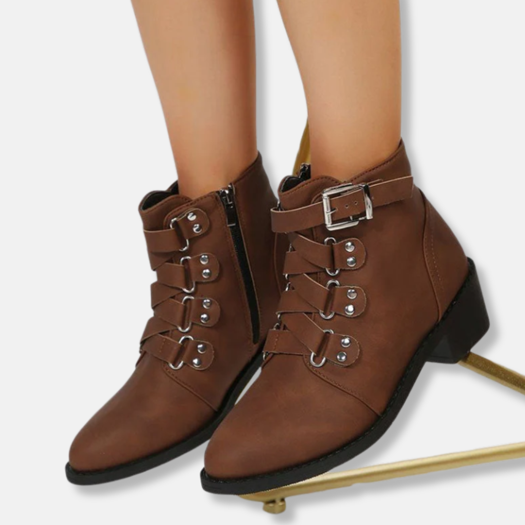 Stylische Knöchelstiefel Kunstleder Schnallenriemen Blockabsatz