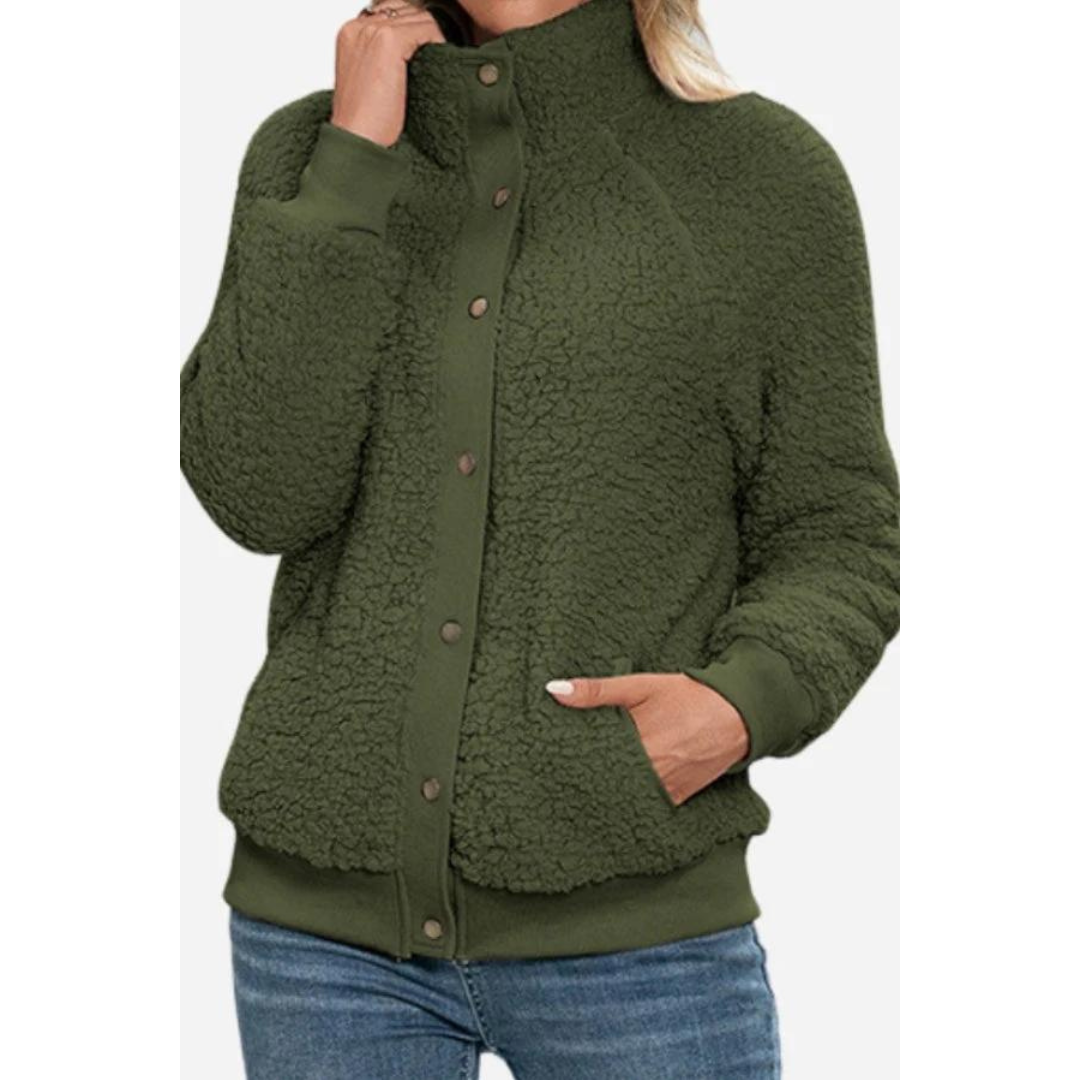 Stylische Fleecejacke Stehkragen Knopfverschluss