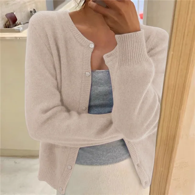Damen Strickjacke Rundhals Elegant Langarm