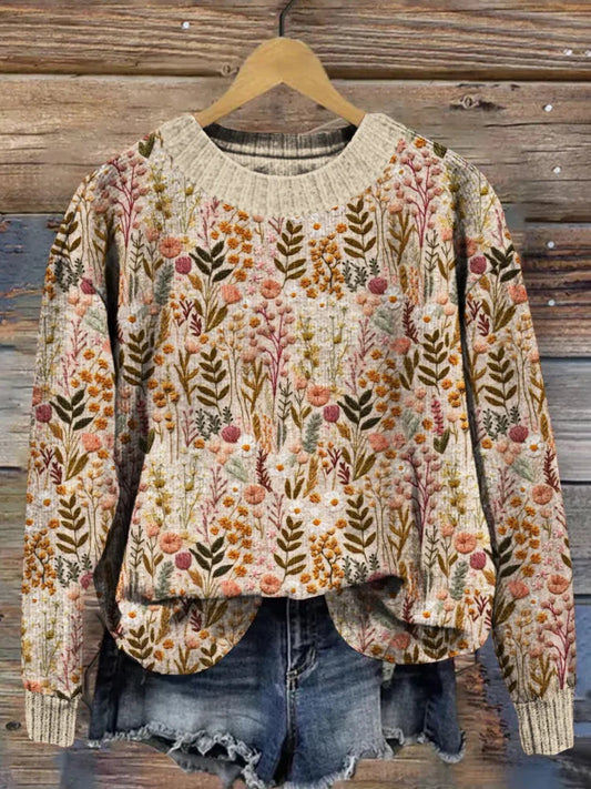 Herbstlicher Strickpullover Floral Blumenmuster Damen - IdealeKleiden
