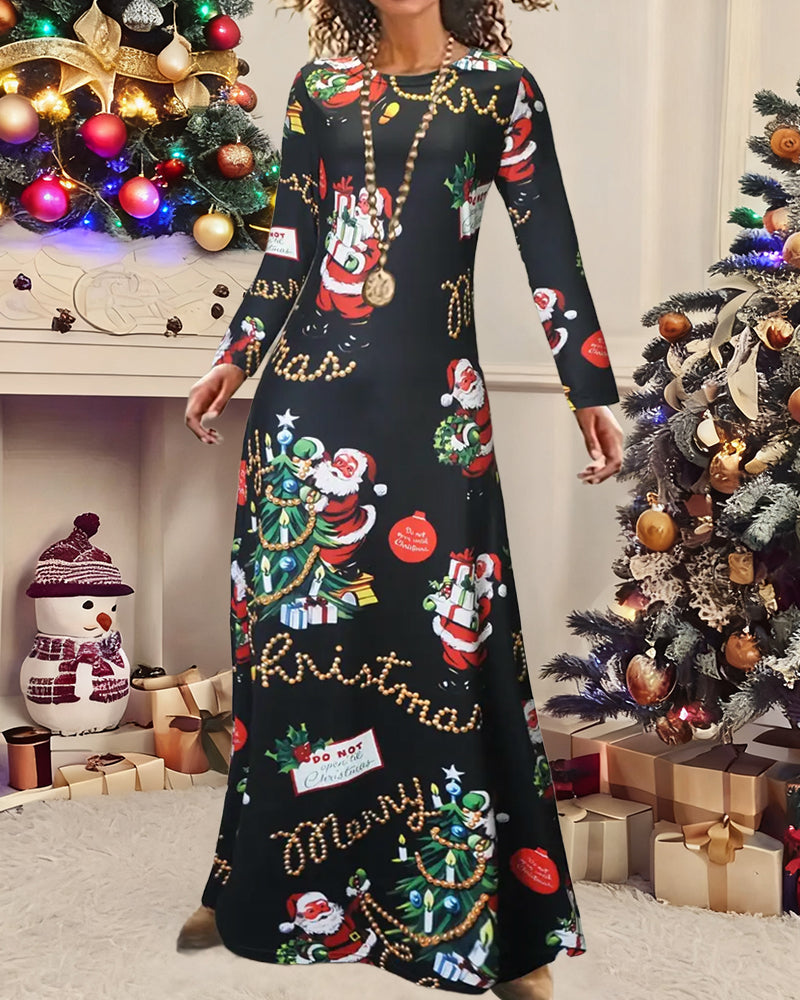 Weihnachtskleid Langarm Elegant Gedruckt - IdealeKleiden