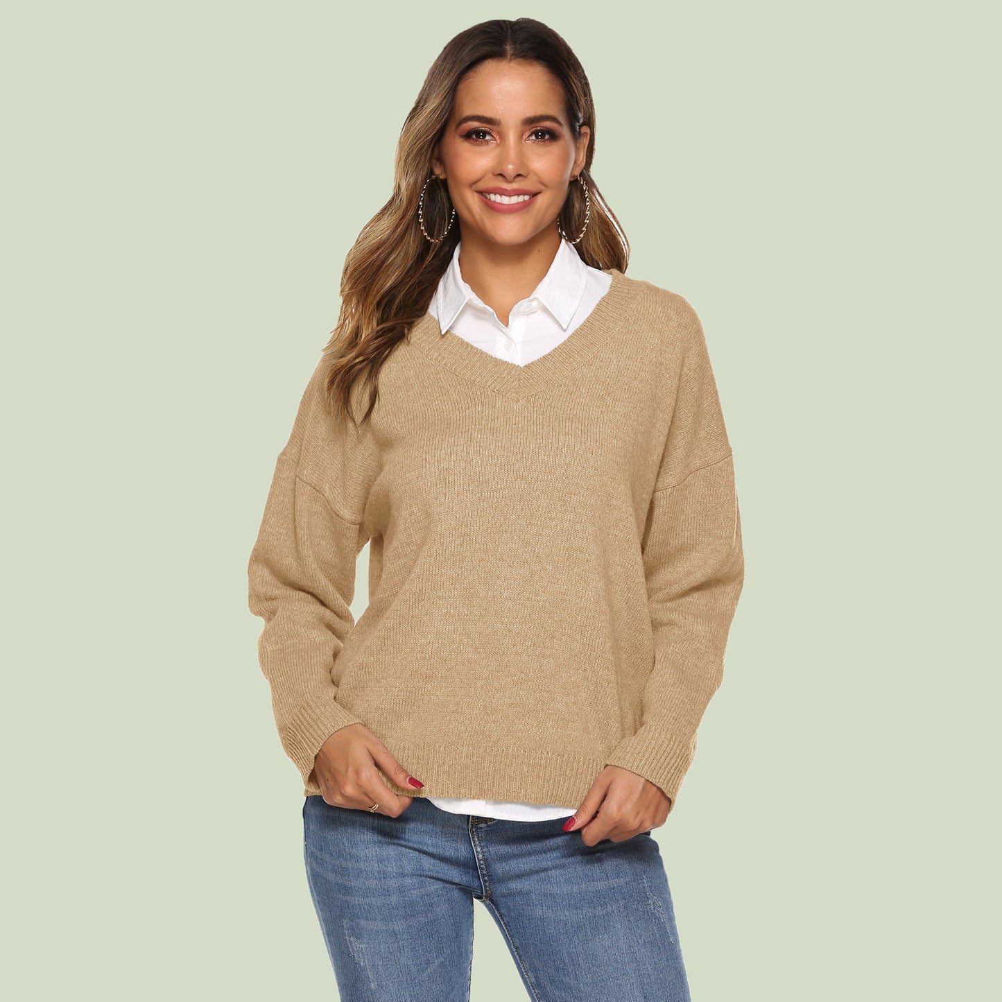 Strickpullover Damen V-Ausschnitt Bequem Langärmlig