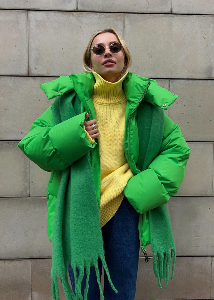 Neon Grüne Winterjacke Kapuzen-Puffer
