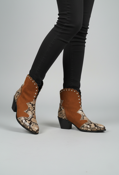 Western Stiefeletten Schlangenleder Optik Niedriger Absatz