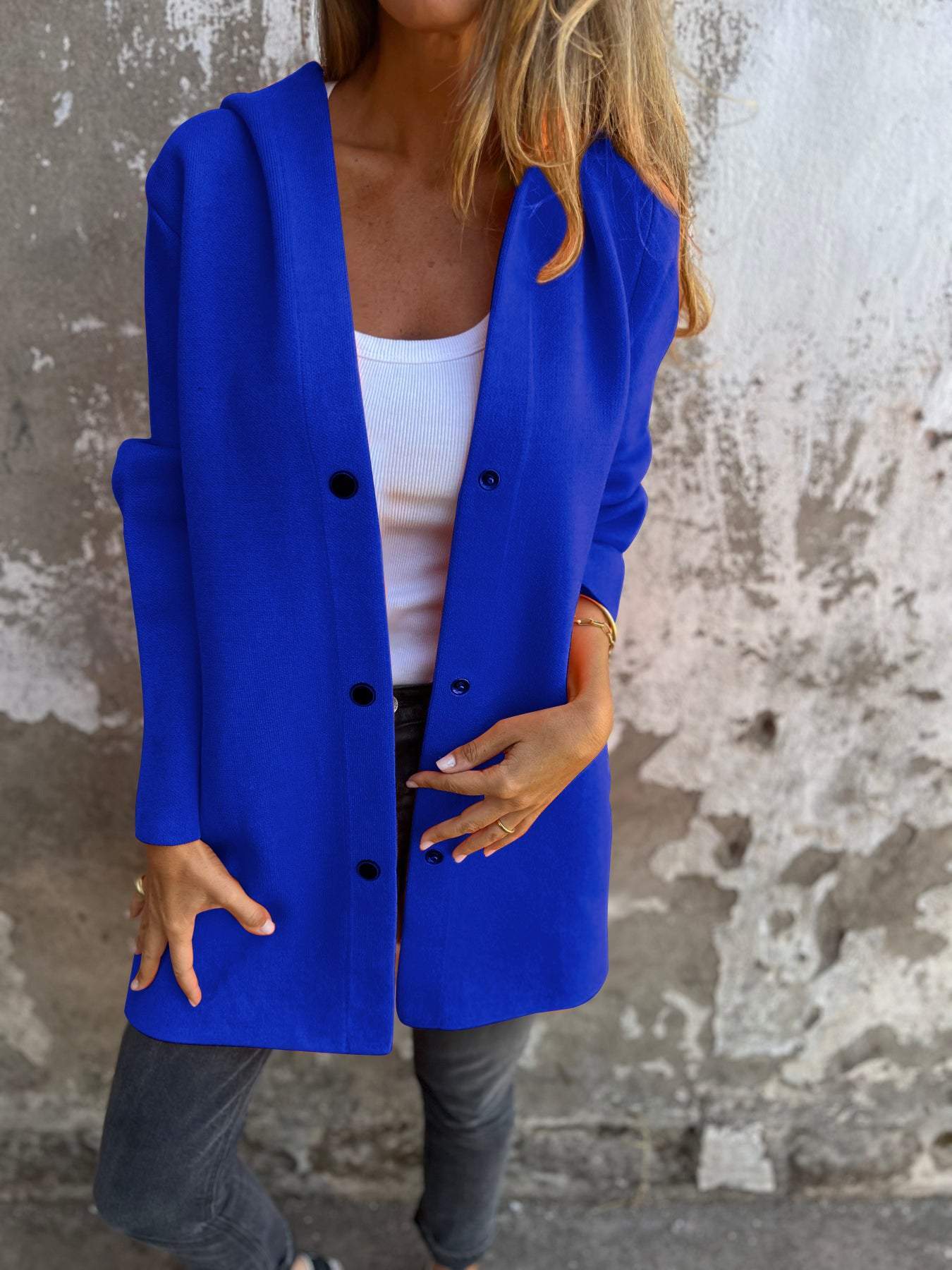 Lange Wolljacke Damen Kapuze Knopfverschluss Bequem