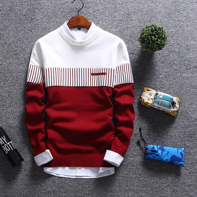 Striped Pullover Wollmischung Rundhals Mit Brusttasche - IdealeKleiden