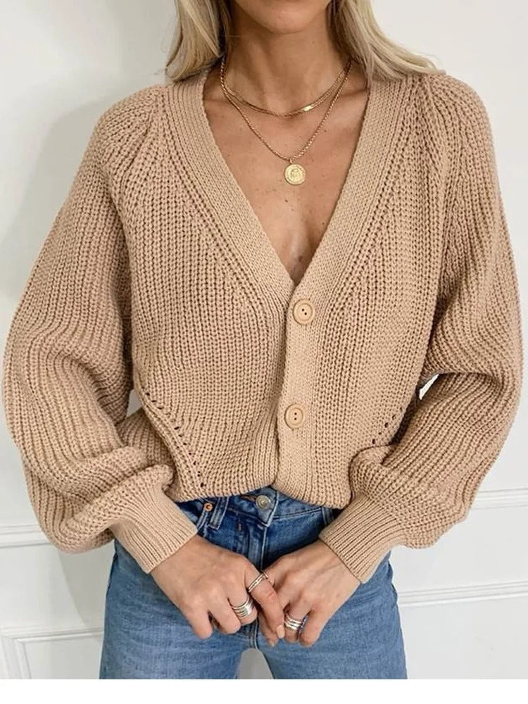 Damen Strickjacke mit Lochmuster und Puffärmeln