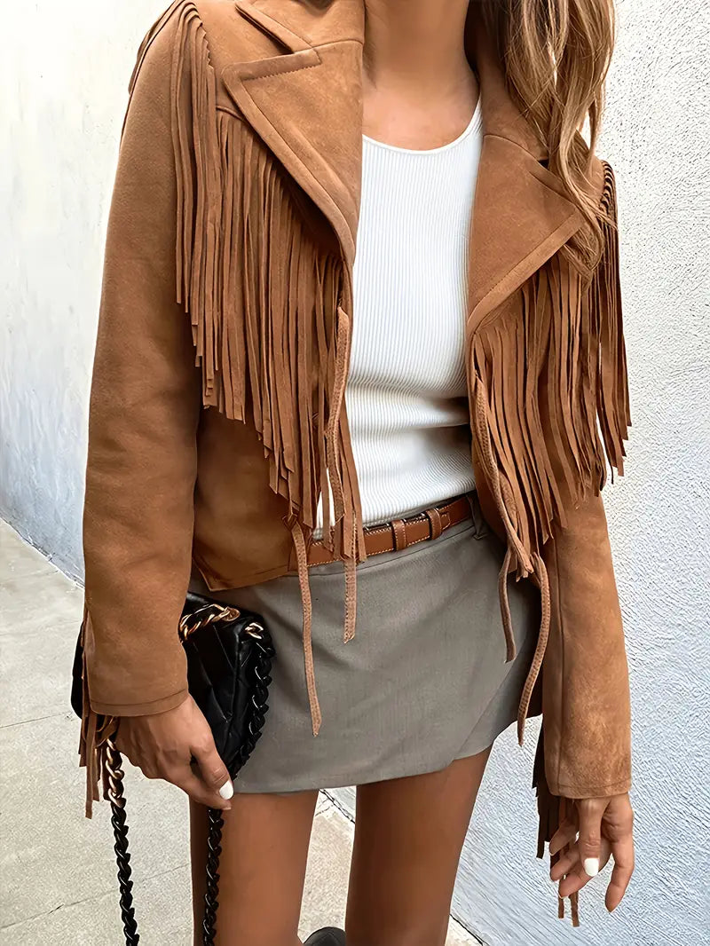 Braune Lederjacke Kurz Fransen Look
