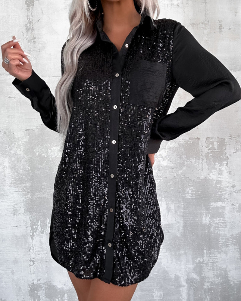 Elegantes Kleid Revers Knopf Glitzer