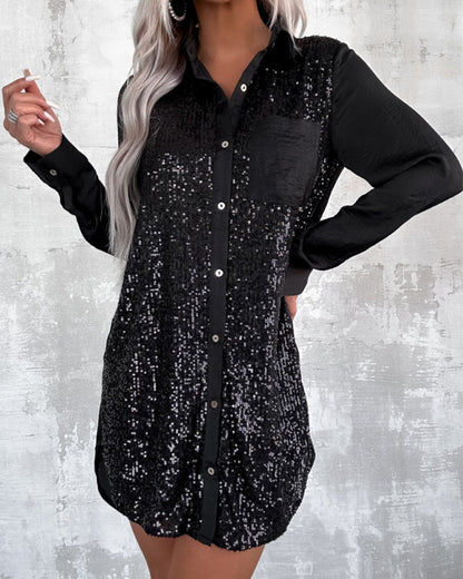 Elegantes Kleid Revers Knopf Glitzer