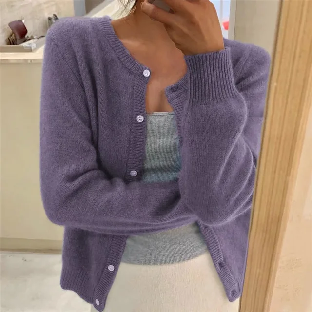 Damen Strickjacke Rundhals Elegant Langarm