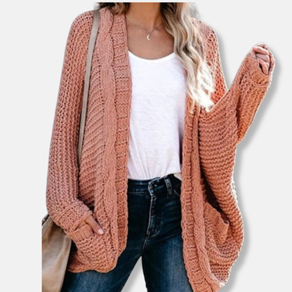 Übergroßer Wollcardigan mit Rippenmuster und Vordertaschen