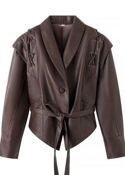 Leder Wickeljacke Gürtel Elegant Schwarz