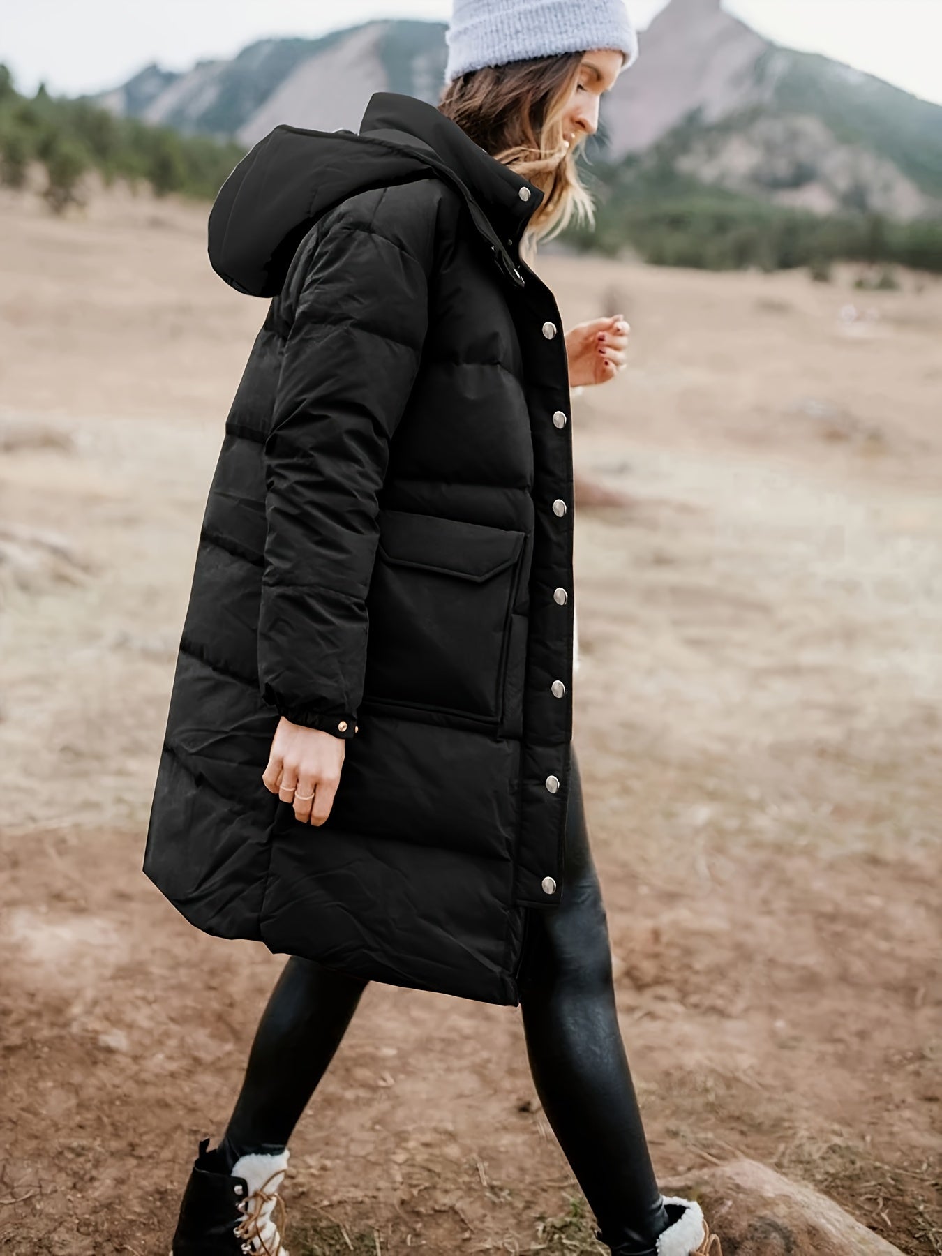Warmes Winterkleid | Schwarzer Puffermantel Kapuze Polsterung Herbst Winter