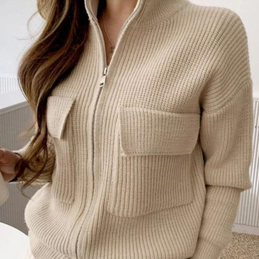 Klassische Strickjacke Mit Reißverschluss und Seiten Taschen - IdealeKleiden