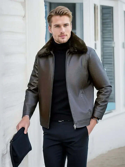 Herren Lederjacke Schwarz Winter