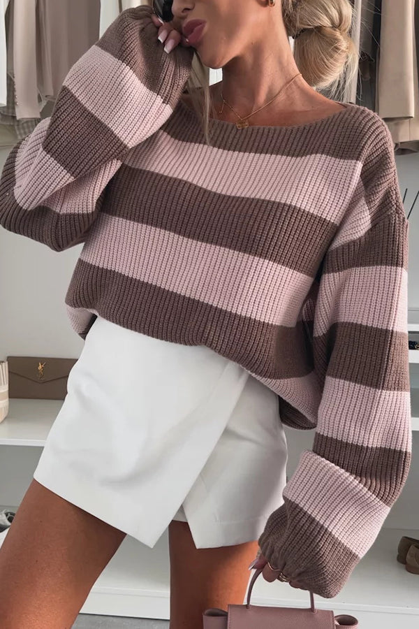 Frauen Strickpullover Streifen Rundhals - IdealeKleiden