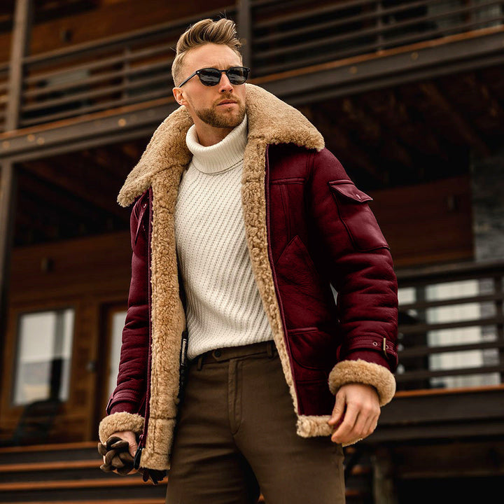 Herren Lederjacke Fellkragen Militärstil