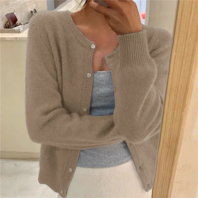 Damen Strickjacke Rundhals Elegant Langarm