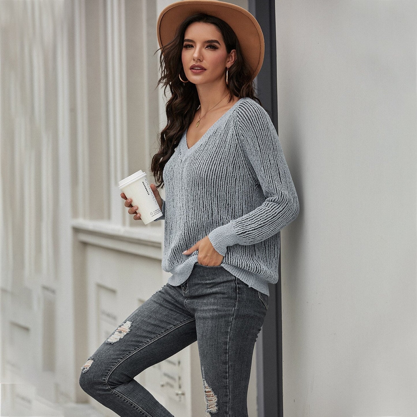 Weite Strickpullover Lange Ärmel V-Ausschnitt