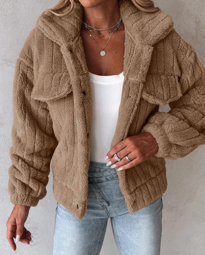 Damen Sherpa Jacke Knopfverschluss Modern Sportlich