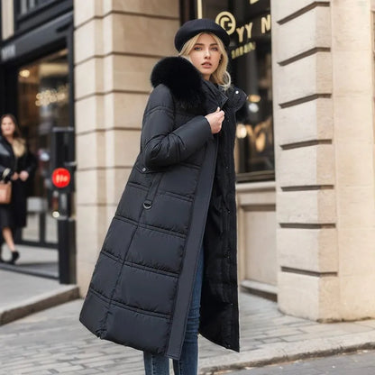 Damen Wintermantel Lang Elegant mit Pelzbesatz