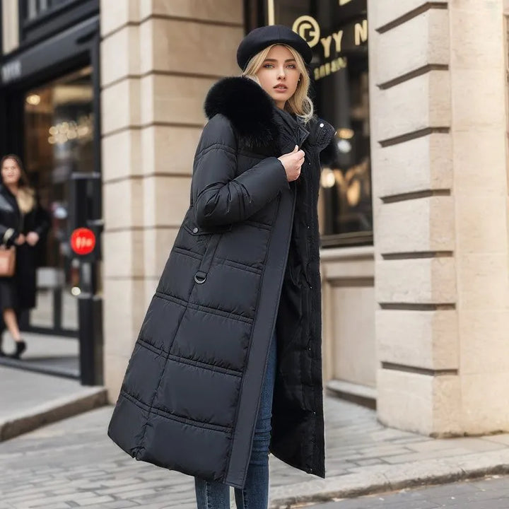 Damen Wintermantel Lang Elegant mit Pelzbesatz