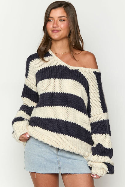Modischer Pullover Schulterfrei Streifenmuster