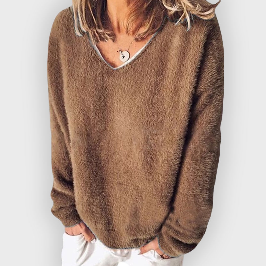 Bequemes Sweatshirt V-Ausschnitt Langarm Casual Look - IdealeKleiden