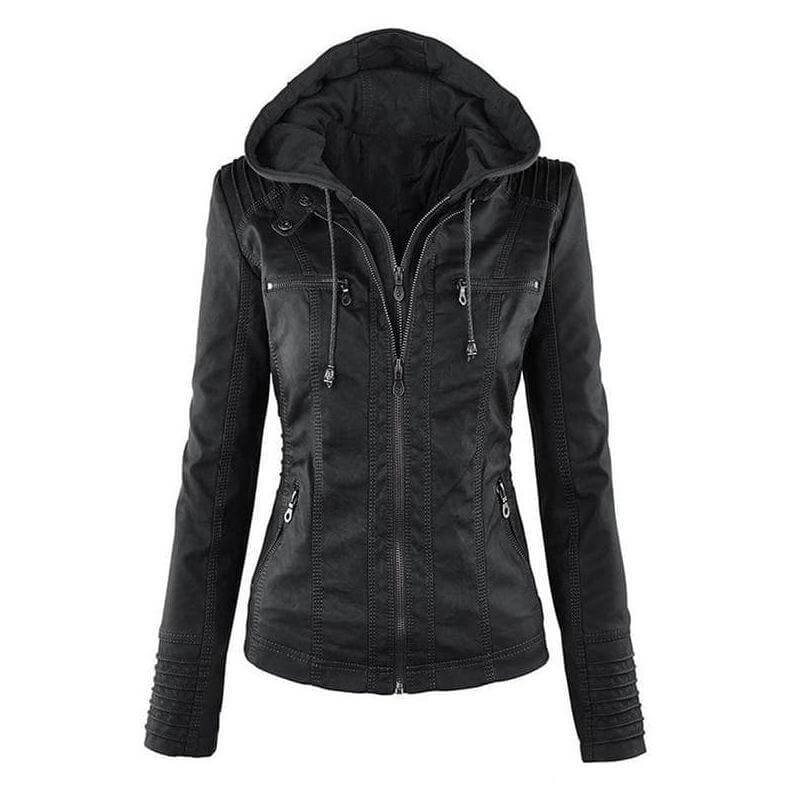 Damen Slim Fit Lederjacke Zip-Up Kapuze
