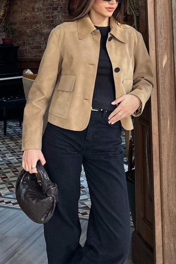 Stylische Cropjacke Faux Suede Mit Taschen